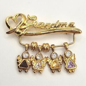 Grandma Grandchildren Brooch Gold Tone Birthstone Dangle Heart Pin Gift Family
